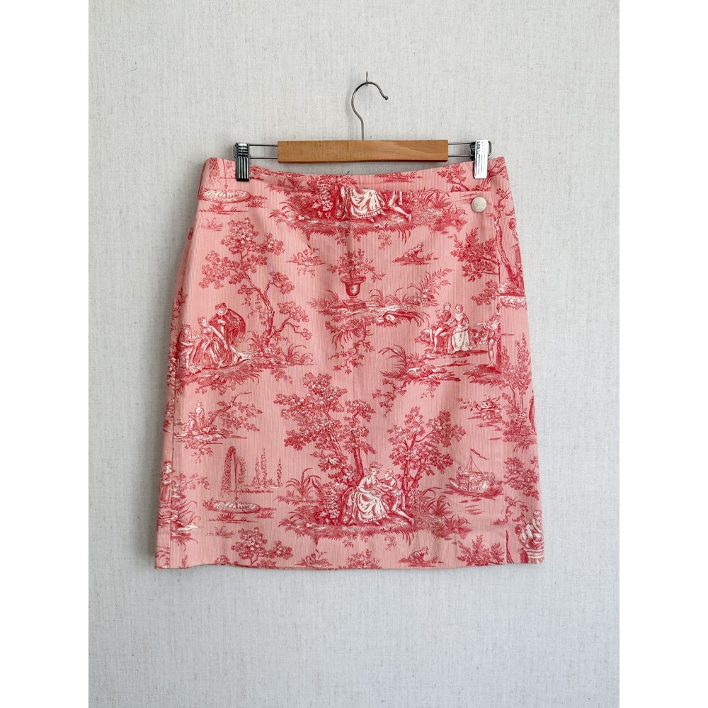 J. McLaughlin Toile de Jouy Skirt 14 Pink Red A-Line Scenic Print Slit